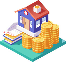 A small house sits atop stacks of gold coins and documents, symbolizing investment in real estate and property finance.