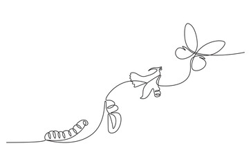 Continuous one line drawing of butterfly life cycle . Single line drawing illustration of perfect metamorphosis . Beauty butterfly concept vector art. Doodle line illustration.