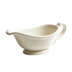 A classic white porcelain gravy boat with spout and handle, smooth curves, and glossy surface on a pure white background 