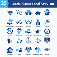 Social Causes and Activism is a collection of icons in sheet format illustrating global social issues, human rights movements, and sustainability campaigns supporting positive societal change.	
