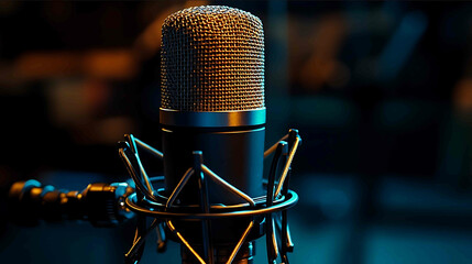 Dark blue background in a professional studio microphone capturing voice with audio waveform perfect for recording studio broadcasting or podcasting with copy space image