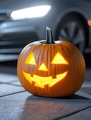 Illuminated jack-o'-lantern sits on pavement near a car at night