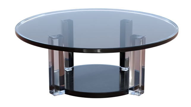 Modern Glass Table: A contemporary glass table, showcasing an elegant transparent top, a dark base, and geometric supports, epitomizes modern design and sophistication in home decor.