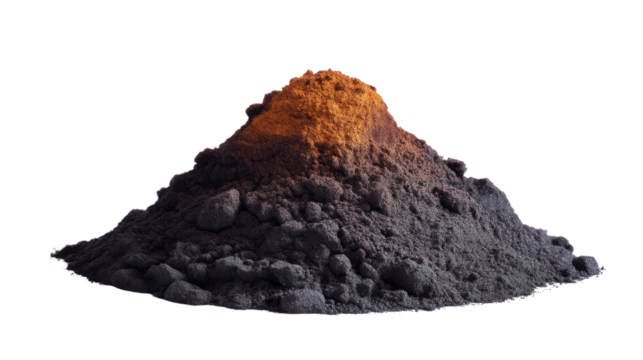Dark Grey and Brown Powder Pile: A close-up shot of a pile of dark grey and brown powder, possibly pigment or industrial material, showing texture and color variation.