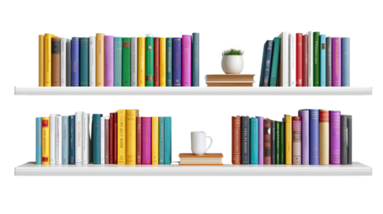 Library's treasure trove: a vibrant collection of books on pristine shelves with a miniature plant and a mug, inviting exploration and quiet contemplation.
