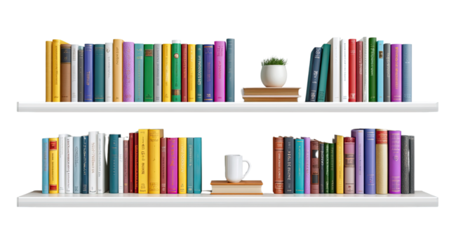 Library's treasure trove: a vibrant collection of books on pristine shelves with a miniature plant and a mug, inviting exploration and quiet contemplation.
