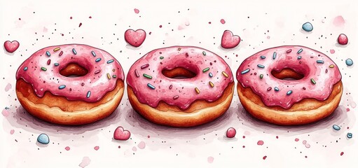 Three Delicious Pink Donuts with Sprinkles and Hearts