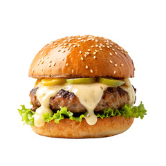 Burger with Beef Meat Cutlet, Cheese, Vegetables and Lettuce. PNG.