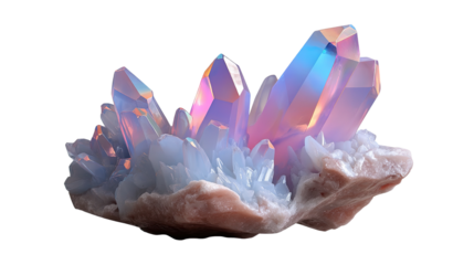 Angelic Aura Quartz Cluster: A captivating cluster of Angelic Aura Quartz crystals, showcasing vibrant iridescent hues of pink, blue, and purple,  glimmering with ethereal energy.