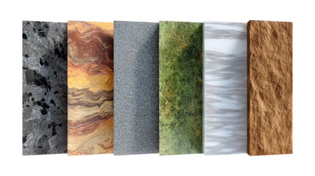 Natural Textures Collage: A close-up, macro view of a diverse collage featuring six distinct textures from the natural world: Rough volcanic rock, smooth polished marble, coarse granite.