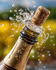 Champagne cork erupts with a burst of sparkling droplets, celebrating special moments in a radiant vineyard setting, as golden hour sunlight bathes the scene in warm hues.