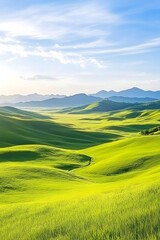 Obraz premium Rolling green hills under a vibrant blue sky, bathed in sunlight A tranquil landscape