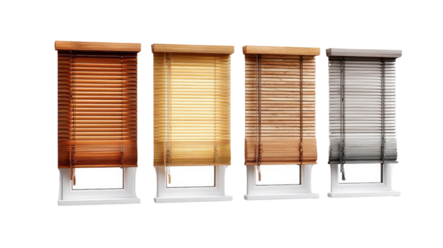 Window Blinds Showcase: An array of elegant wooden window blinds in various shades and styles, offering a study of modern window design elements.