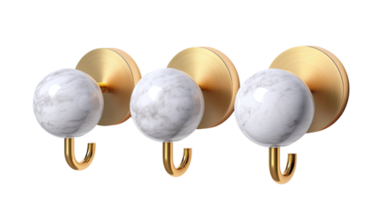 Elegant marble hooks in golden hues: Showcase an elegant array of marble hooks, each a work of art with its luxurious marble orb paired with a refined golden base.