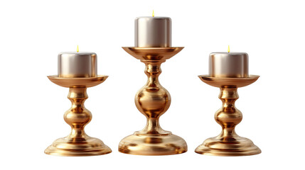 Golden Candle Trio: Elegant golden candle holders, each bearing a softly glowing candle, stand in serene symmetry, casting a warm, inviting ambiance.