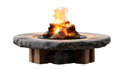 Fire Pit Focal Point: A captivating stone fire pit commands attention, with flickering flames dancing atop a pile of glowing embers and rustic wooden accents in a serene outdoor setting.