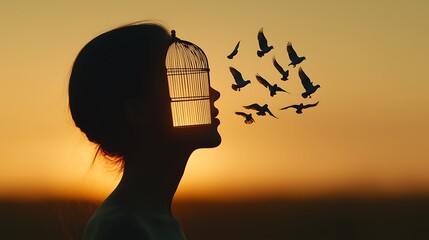 Silhouette of a woman with a birdcage head, freedom concept