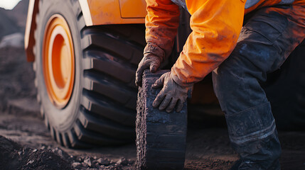 Construction Worker Inspecting Tire on Heavy Machinery