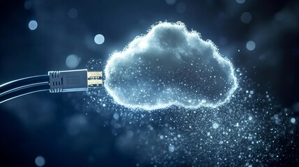 Abstract cloud computing digital data cable connection technology web blue dark fast wire plug light