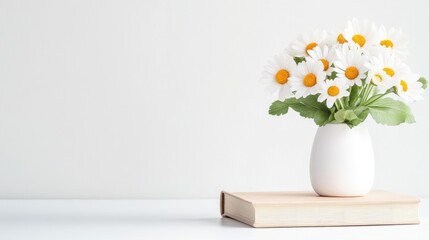 A white vase filled with cheerful daisies sitting on a stack of books against a minimalist white background, and bright and serene home decor concept. © Kaminashi Nozomi