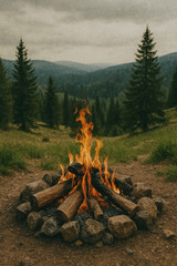 Cozy Campfire in the Wilderness: A crackling campfire, surrounded by rustic logs and stones, radiates warmth and invites contemplation amidst a majestic mountainous vista.