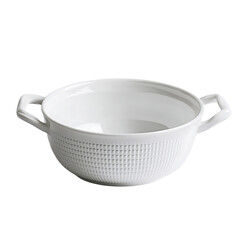 Classic French-style white soup bowl with dual handles and a subtle embossed pattern, placed on a pure white background 