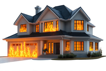 3D cartoon suburban home with fire bursting from windows, plain white background
