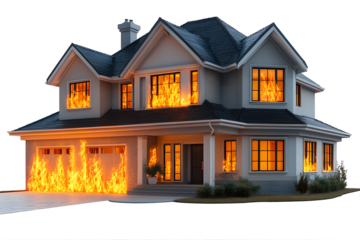3D cartoon suburban home with fire bursting from windows, plain white background