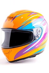 Vibrant orange motorcycle helmet with blue, purple, and white graphic design  Features a clear face shield