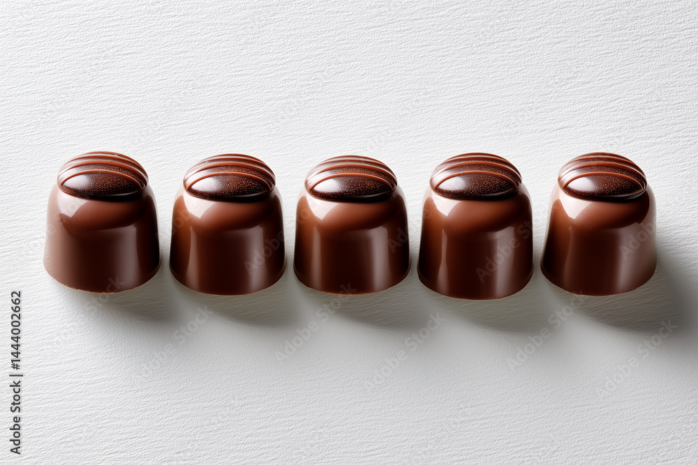 Poster chocolate truffles displayed in a row highlighting glossy texture and intricate design. clean white 