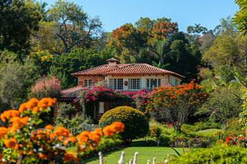 Fototapeta premium A charming home nestled amidst a lush landscape adorned with an abundance of vibrant trees and flourishing bushes, creating a serene and picturesque environment 