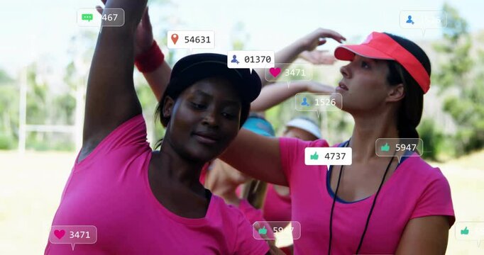 fitness participants performing side-stretch exercises in park, with floating social media icons