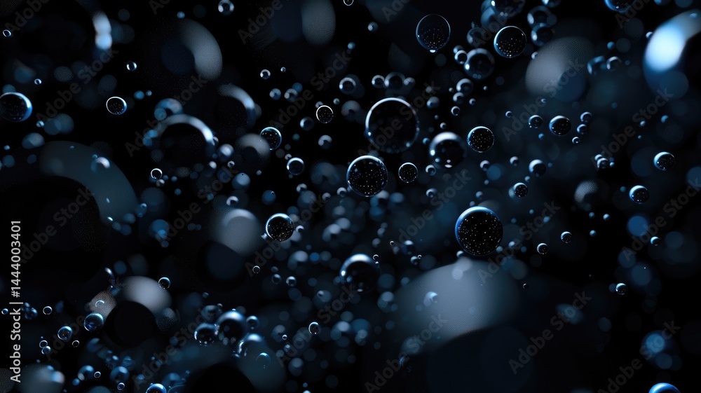 Poster abstract of black circle shape ball with droplet style design connect by pale color bond. sphere bub
