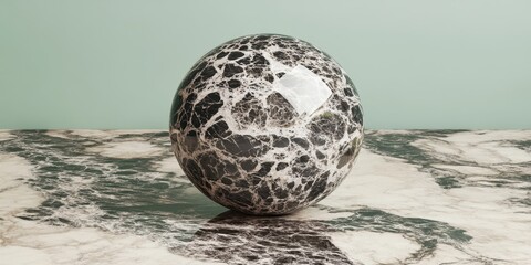 Ornate black and white marble sphere on a marble surface.
