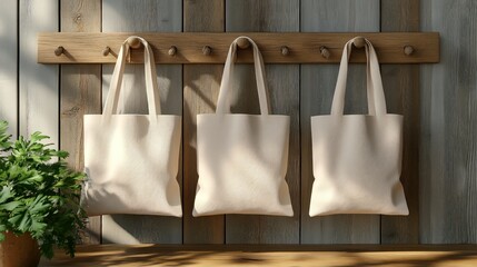 Eco tote bags with wood wall, and sunlight.
