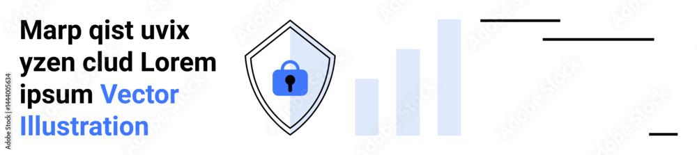 Aufkleber shield with central padlock, ascending bar graph, and abstract text emphasize cybersecurity, analyti
