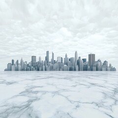 Elevated city skyline panorama on a marble plaza.