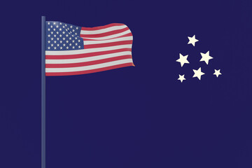 National flag of USA on flagpole flat icon. American star-spangled state banner. Image 3D rendering.