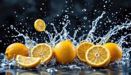 Refreshing splash of lemons in water kitchen setting food photography bright and energetic close-up view