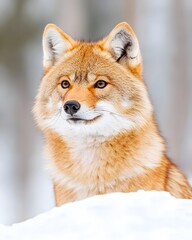 Obraz premium A reddish-brown canid, possibly a coyote, with intense eyes, slightly smiles, peering over a snowdrift against a blurred winter background