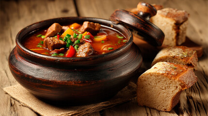 Hearty stew served in a rustic earthenware pot with crusty bread slices.