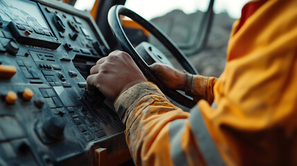 Operator's Hands on Control Panel and Steering Wheel
