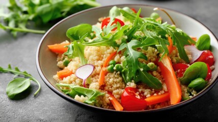 A fresh quinoa salad topped with arugula, cherry tomatoes, carrots, peas, and radishes in a ceramic bowl.