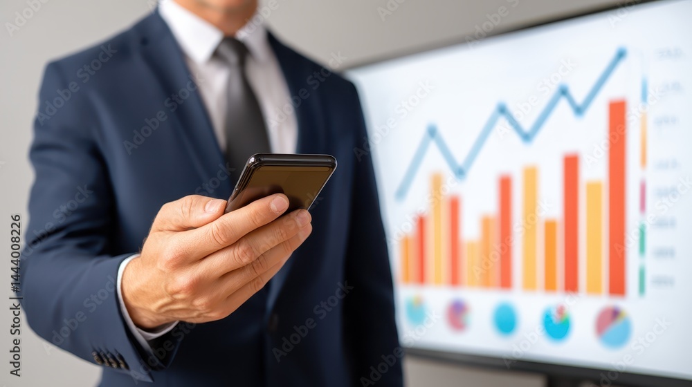Poster professional businessman in a sharp suit using cell phone for communication