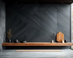 Modern Zen-inspired interior with dark gray stone wall and wooden shelf