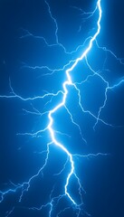 A vibrant, electric blue lightning bolt streaks across a dark blue background, its branches extending in a dramatic display of energy