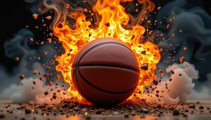 Fototapeta premium Explosive basketball action indoor arena dynamic sports shot fiery environment dramatic viewpoint energy concept