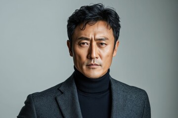 Obraz premium Stylish men in black suits and turtlenecks pose confidently against clean white backgrounds in modern studio portraits.