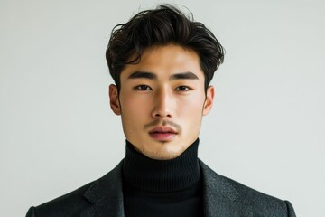 Obraz premium Stylish men in black suits and turtlenecks pose confidently against clean white backgrounds in modern studio portraits.