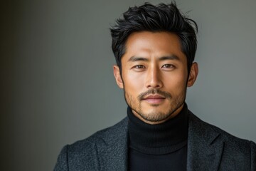 Fototapeta premium Stylish men in black suits and turtlenecks pose confidently against clean white backgrounds in modern studio portraits.
